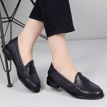 Натуральная кожа Темно-синие антикварные женские повседневные туфли на коротком каблуке с круглым носком