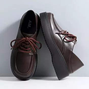 Натуральная кожа толстая подошва круглый носок низкий вырез женские маленькие кожаные туфли со шнуровкой повседневные универсальные мокасины 35 чёрный