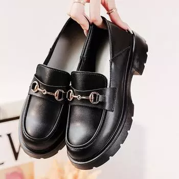 Натуральная кожа толстая подошва круглый носок толстый каблук женские глянцевые маленькие кожаные туфли повседневные и универсальные модные мокасины 35 чёрный