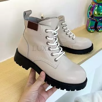 Натуральная кожа Толстая подошва Приподнятый круглый носок Короткие ботинки Мотоциклетные ботинки Плюшевая изоляция Модные и универсальные 35 бежевый