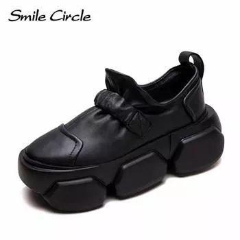 Натуральная кожа Толстые туфли Slip On Рост Увеличивающие женские туфли Модные удобные повседневные туфли 34 чёрный