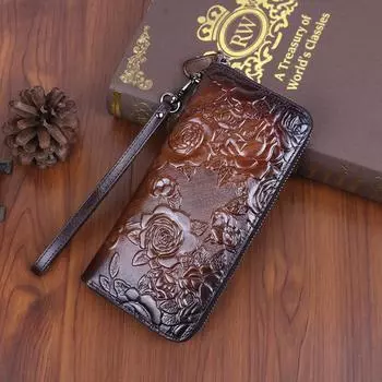 Натуральная кожа, женский кошелек, клатч, удобная сумка с принтом розы и цветочным принтом, натуральная воловья кожа, женские карты, ретро, зажимы для денег, длинный кошелек 10*10*10cm(size as the picture)
