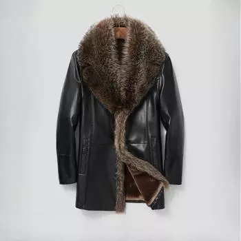 Натуральная кожаная куртка мужская средней длины с воротником из костюмного меха One кожаная куртка мужское пальто с воротником из меха енота M чёрный