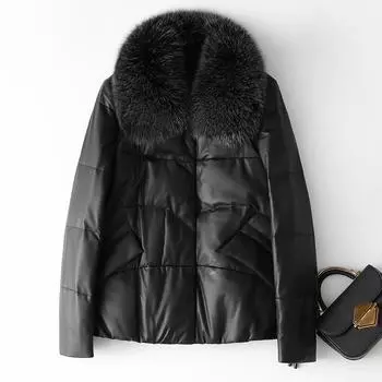 Натуральная кожаная куртка-пуховик 2024 года, новый воротник из меха енота, тонкая женская куртка Haining из меха оптом M чёрный