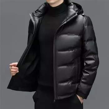Натуральная кожаная куртка-пуховик Мужская кожаная куртка Мужская свободного покроя кожаная куртка для мужчин среднего возраста Толстая куртка-пуховик с капюшоном M