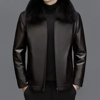 Натуральная кожаная куртка-пуховик, зимняя мужская куртка из овчины, утолщенная теплая кожа, меховой воротник, китайская и импортная M коричневый