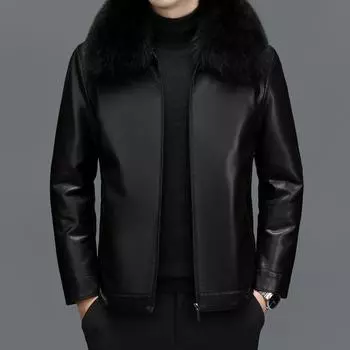Натуральная кожаная куртка-пуховик, зимняя мужская куртка из овчины, утолщенная и теплая, воротник из лисьего меха, одежда для пап среднего возраста M