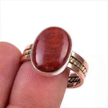 Натуральная красная яшма, двухцветное кольцо из чистого серебра 925 пробы, размер 10 K3a06