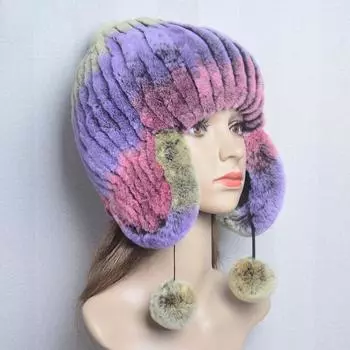 Натуральная меховая шапка женская сшитая вручную из меха кролика рекс вязаная женская теплая шапка в стиле пэчворк новая стильная зимняя теплая шапка светло-серый