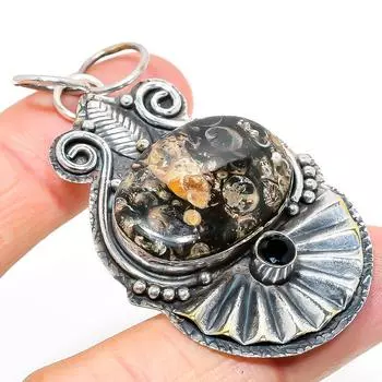 Натуральная окаменелость Turritella, драгоценный камень шпинель, кулон из стерлингового серебра 925 пробы 2,52 дюйма Y6v52