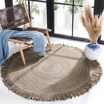Натуральная Плетеная Коллекция Круглый Бежевый Ручной Работы Премиум Джутовая Бахрома Прихожая Фойе Гостиная Спальня Кухонный Ковер 90cm x 90cm естественный
