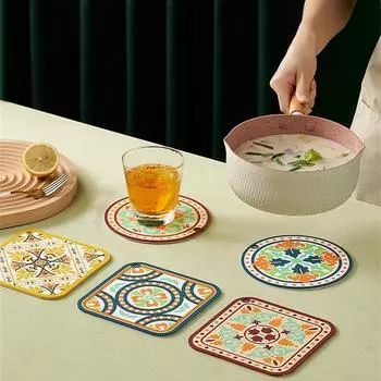Натуральная пробка Круглый коврик для чашки Подставки для напитков Теплоизоляция Узорчатый коврик для держателя горшка Для журнального столика Настольные кухонные принадлежности L