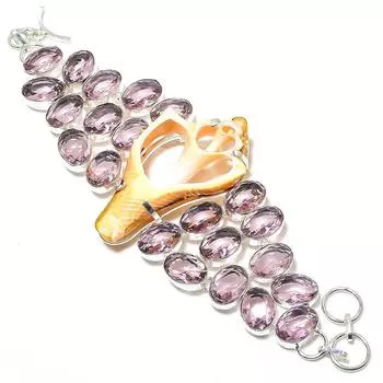 Натуральная ракушка каури, драгоценный камень кунцит, браслет из стерлингового серебра 925 пробы, 8 дюймов, F5E78