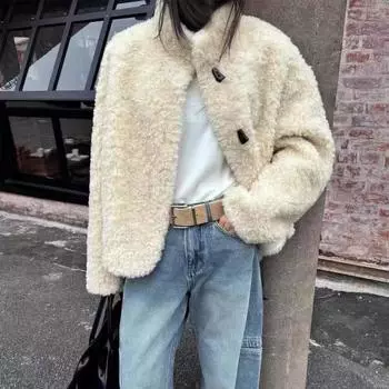 Натуральная шерсть, полная шерсть, зима 2024, новая овечья шерсть, воротник-стойка, короткая роговая пряжка, термомеховая куртка, замша S чёрный