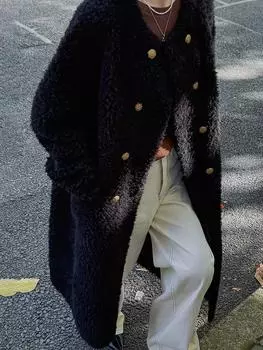 Натуральная шерсть зимняя новая ретро двубортная золотая пряжка круглый вырез длинная шуба из овечьей шерсти женская †‡S†‡ чёрный