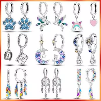 Натуральная стерлингового серебра S925, серьги-кольца со звездным лунным пером и перьями, подходят оригинальные подвески, модные женские серьги, ювелирные изделия, подарок, новинка