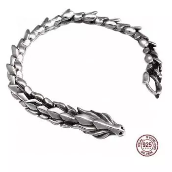 Натуральная стерлингового серебра S925, ювелирные изделия викингов, тяжелый браслет из чешуи дракона для мужчин, 22 см, винтажный панк-стиль 18cm