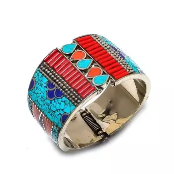 Натуральная тибетская бирюза, коралловый драгоценный камень браслет-манжета ручной работы регулируемый i0h85