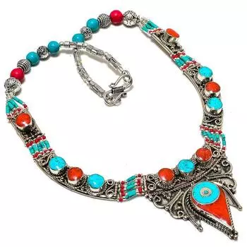 Натуральная тибетская бирюза, коралловый драгоценный камень, ожерелье ручной работы, 18 дюймов, L5F46