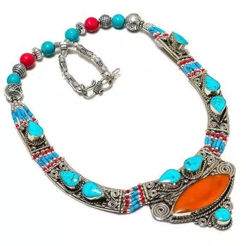 Натуральная тибетская бирюза, коралловый драгоценный камень, ожерелье ручной работы 18 дюймов F6r69