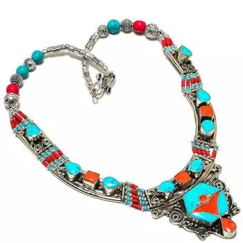 Натуральная тибетская бирюза, коралловый драгоценный камень, ожерелье ручной работы 18 дюймов j6S50