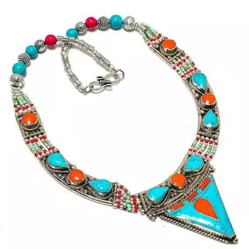 Натуральная тибетская бирюза, коралловый драгоценный камень, ожерелье ручной работы, 18 дюймов, b0g56