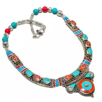 Натуральная тибетская бирюза, коралловый драгоценный камень, ожерелье ручной работы, 18 дюймов, G9N77