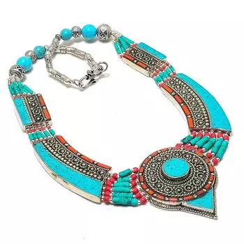 Натуральная тибетская бирюза, коралловый драгоценный камень, ожерелье ручной работы 18 дюймов t3h76