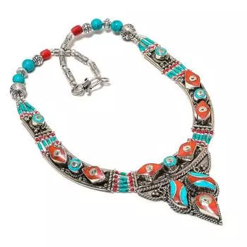 Натуральная тибетская бирюза, коралловый драгоценный камень, ожерелье ручной работы 18 дюймов Z6o64