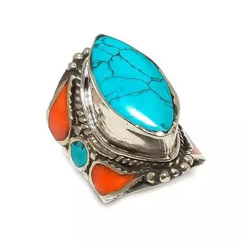 Натуральная тибетская бирюза, коралловый драгоценный камень, кольцо ручной работы, размер 8,5 e1m42
