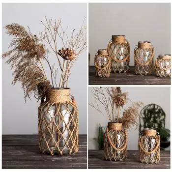 Натуральная веревочная сетка, стеклянная ваза, уникальная прозрачная ваза для цветов с ручкой, подвесной цветочный контейнер, украшения для стола 2
