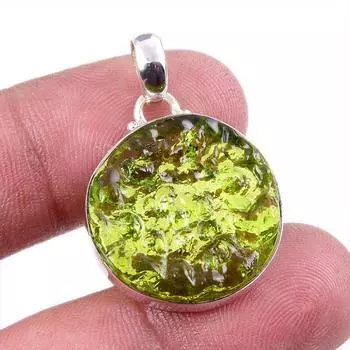 Natural Natural Moldavite Gemstone 925 Solid Silver Two Tone Pendant 1.25 H0l01