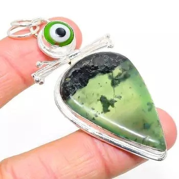 Natural Nephrite, Evil Eye Gemstone 925 Sterling Silver Pendant 2.96 Z0A35