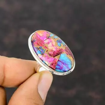 Натуральное кольцо Kingman с розовым георгином и бирюзой, кольцо с драгоценным камнем, кольцо из стерлингового серебра 925 пробы, регулируемое кольцо, уникальные ювелирные изделия, кольцо ручной работы, подарок для нее Adjustable