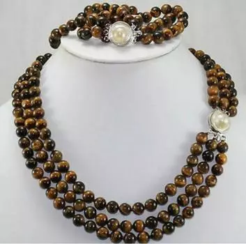 Натуральное колье, 3 ряда, 8 мм, африканский ревущий тигровый глаз, браслет, 17–19 дюймов/7,5 дюйма