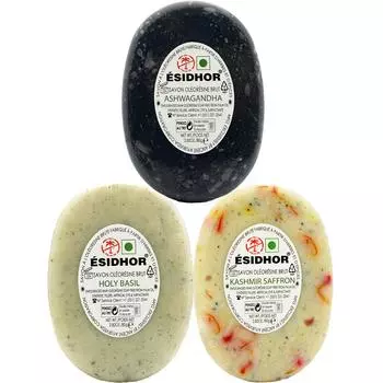 Натуральное отшелушивающее мыло Esidhor Ashwagandha с алоэ вера, священным базиликом савон и кашмирским шафраном для мужчин и женщин — набор из 3 шт. 80g x 3