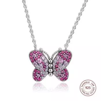 Натуральное серебро 925 пробы, ожерелье, ослепительно розовая подвеска в виде бабочки, ожерелья для женщин, ювелирные изделия, подарок