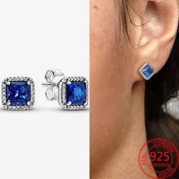 Натуральное серебро 925 пробы, синие квадратные серьги-гвоздики с цирконием Halo, брендовые женские изысканные серьги