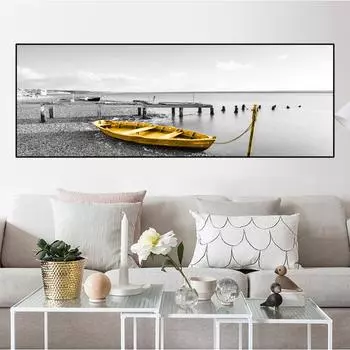 Натуральное золото Лодка Черный деревянный мост Пейзаж Холст Картина Плакаты и принты Настенные художественные фотографии Домашний декор без рамки 20*40cm