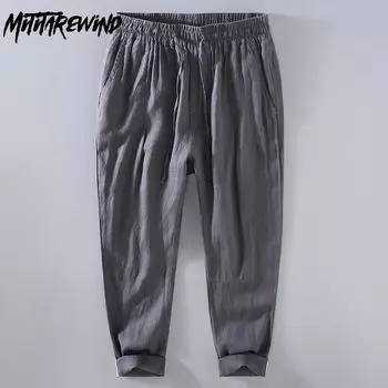 Мужские брюки из натурального 100-каратного льна, летние пляжные мужские брюки, повседневные однотонные мужские брюки, зауженные книзу, с эластичной резинкой на талии, мешковатые брюки M серый