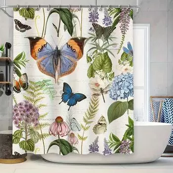 Натуральные Бабочки Цветы Занавеска для Ванной Принтованная Ткань Занавеска для Душа для Декора Ванной Комнаты 90x180cm