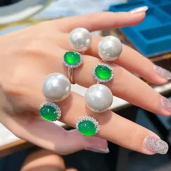 Натуральные бусины сравнимы с жемчугом, натуральное ледяное прозрачное зеленое халцедоновое агатовое полное бриллиантовое открытое кольцо, женственные модные украшения adjustable opening белого золота