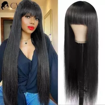 Натуральные черные прямые синтетические парики для женщин с челкой, 28 дюймов, повседневные вечерние парики для косплея, термостойкий парик из натуральных волос TB20032-1