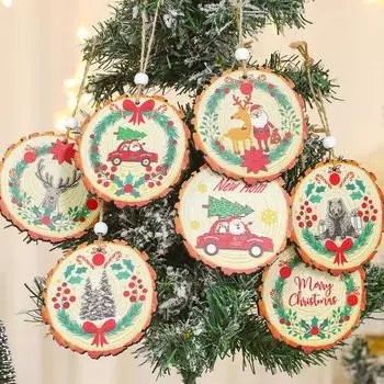 Натуральные деревянные срезы Рождественские деревянные диски Резьба Подвеска Рождественские украшения DIY Поделки Креативный домашний фон Украшения 9cm