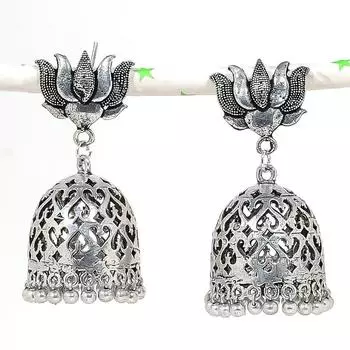 Натуральные индийские серьги Jhumki с драгоценным камнем, серебряные серьги в племенном стиле Бали, 2,17 дюйма, r7A24