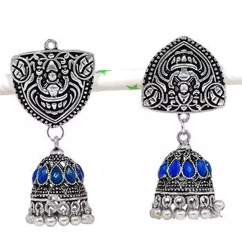 Натуральные индийские серьги Jhumki с драгоценным камнем, серебряные серьги в племенном стиле Бали, 2,05 дюйма, i6J81