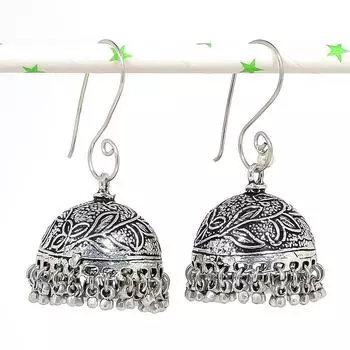 Натуральные индийские серьги Jhumki с драгоценным камнем, серебряные серьги в племенном стиле Бали, 2,17 дюйма, N9B38