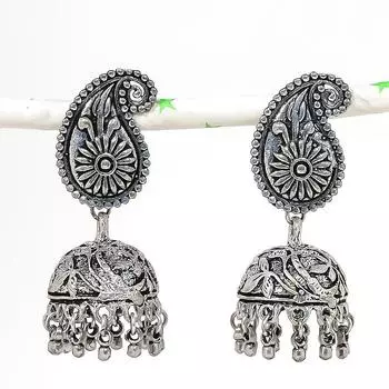 Натуральные индийские серьги Jhumki с драгоценным камнем, серебряные серьги в племенном стиле Бали, 2,17 дюйма, N6C59