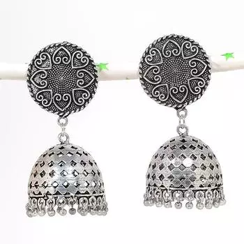 Натуральные индийские серьги Jhumki с драгоценным камнем, серебряные серьги в племенном стиле Бали, 2,29 дюйма, I9t61
