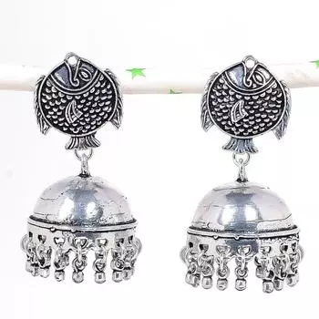 Натуральные индийские серьги Jhumki с драгоценным камнем, серебряные серьги в племенном стиле Бали, 2,13 дюйма, A0G46